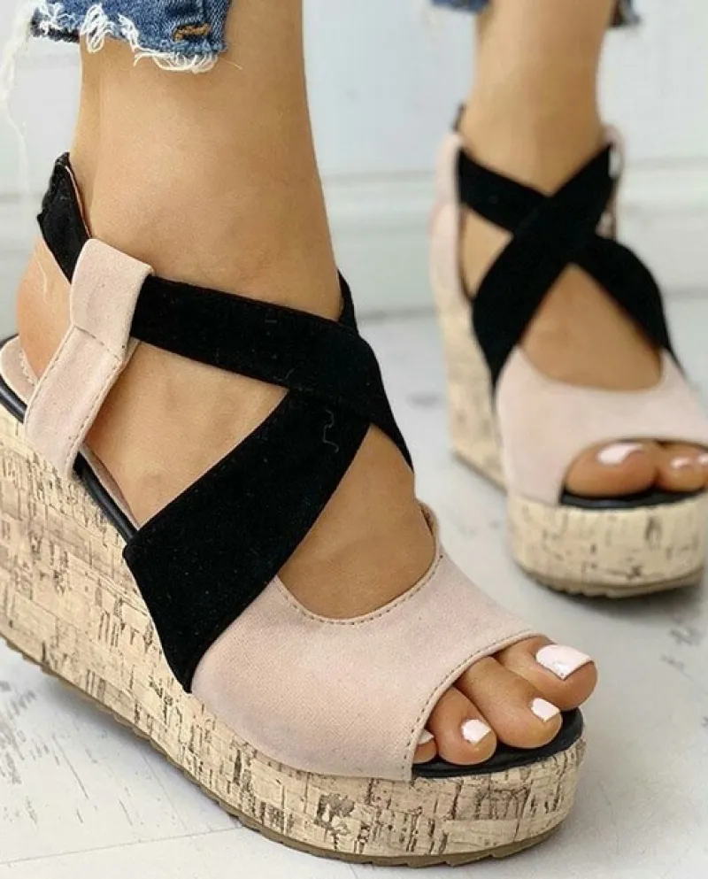 2022 nuove donne di estate sandali opentoe scarpe con zeppa blocco di colore sandali col tacco alto donne slipon piattaforma boc