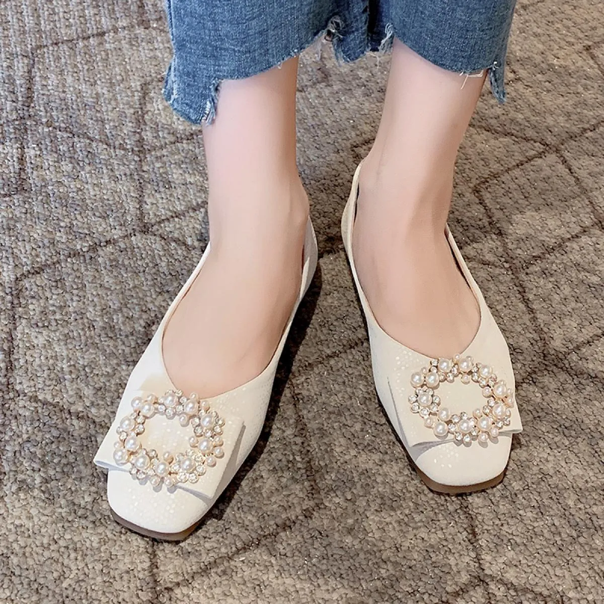 2022 scarpe basse estive con fibbia con strass e punta quadrata comode scarpe da balletto casual da donna scarpe eleganti poco p