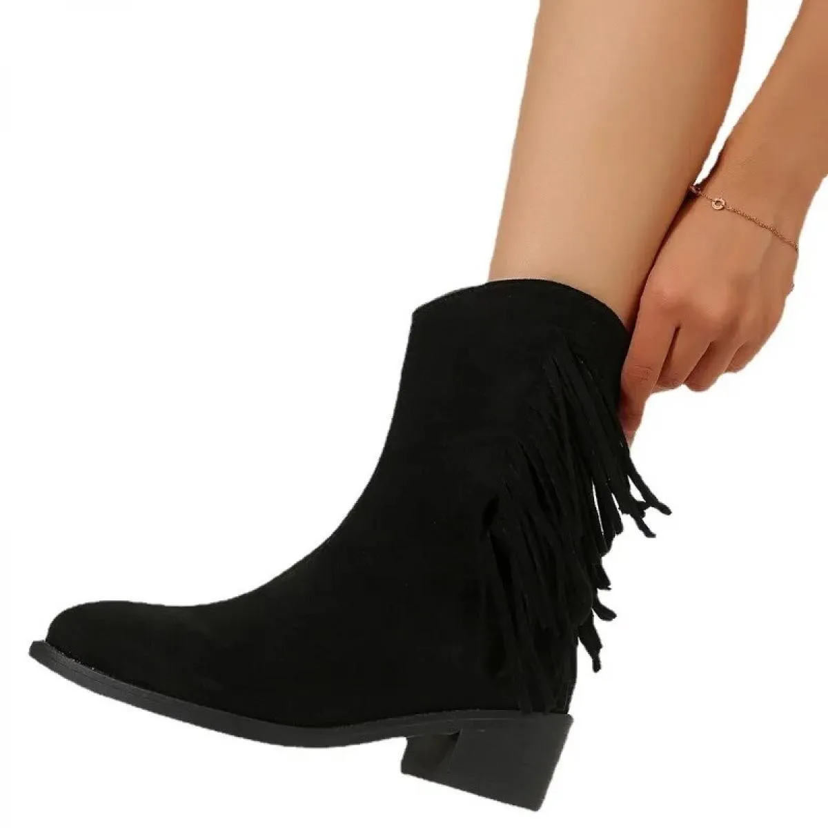 2023 Nuova Signora Stivali Tacco Quadrato Alto Breve Nappa Bootie Con Pelliccia Per L'autunno Plus Size Colore Solido Punta a pu