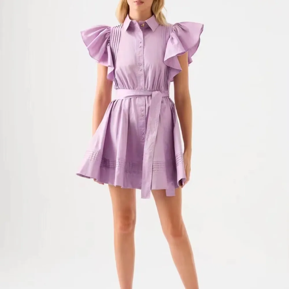 2023 Nuovo abito a pieghe di fascia alta dal design viola per le donne con maniche volanti Gonna attillata di nicchia australian