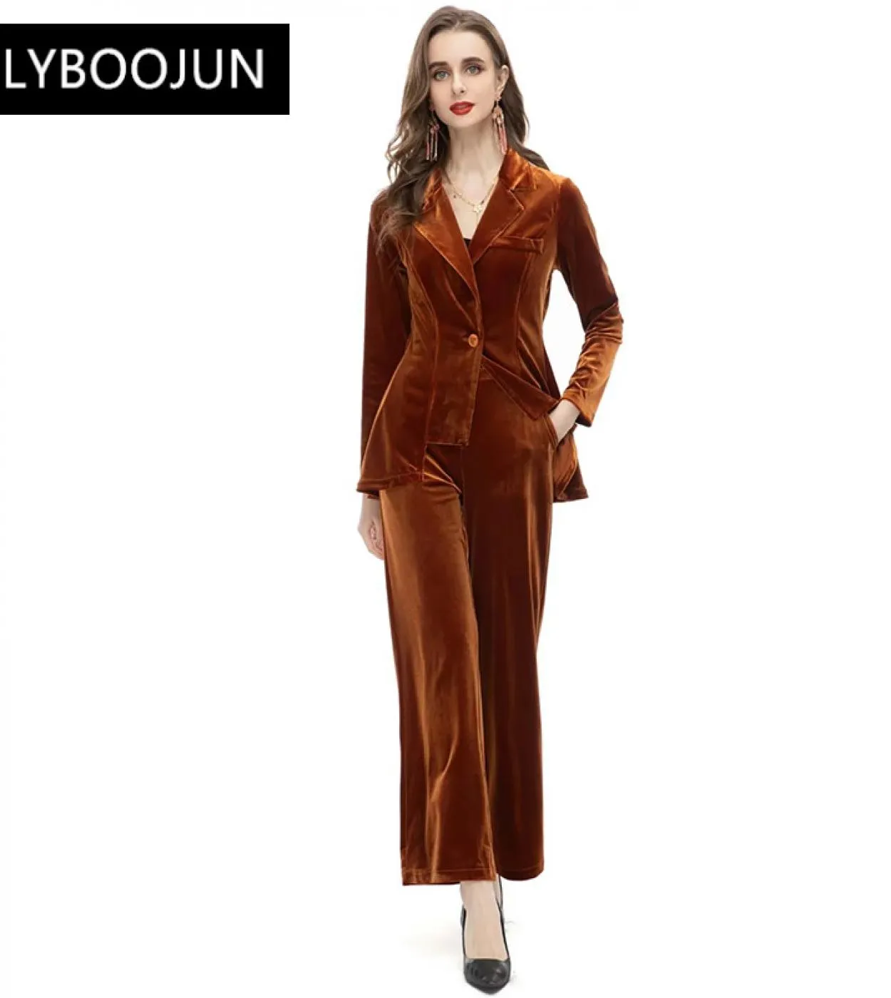 2023 Runway Designer di lusso Alta qualità Elegante estate Colletto rovesciato Manica lunga Velluto Fibbia singola  velluto Due
