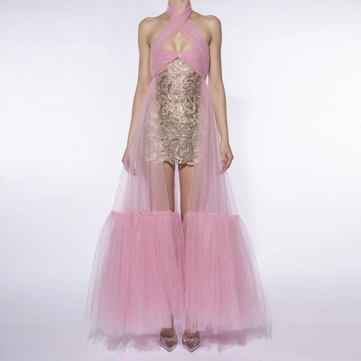 2024 abiti da sera in tulle moda primaverile con mini abito in pizzo con sovrapposizione di halter in rete abito da ballo formal
