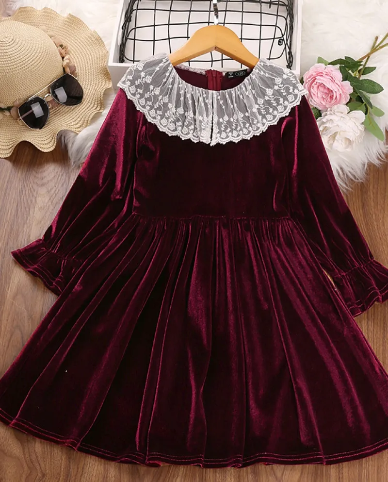 Abbigliamento per bambini Gonna in velluto dorato stile retrò con scollo rotondo in pizzo autunno e inverno da donna