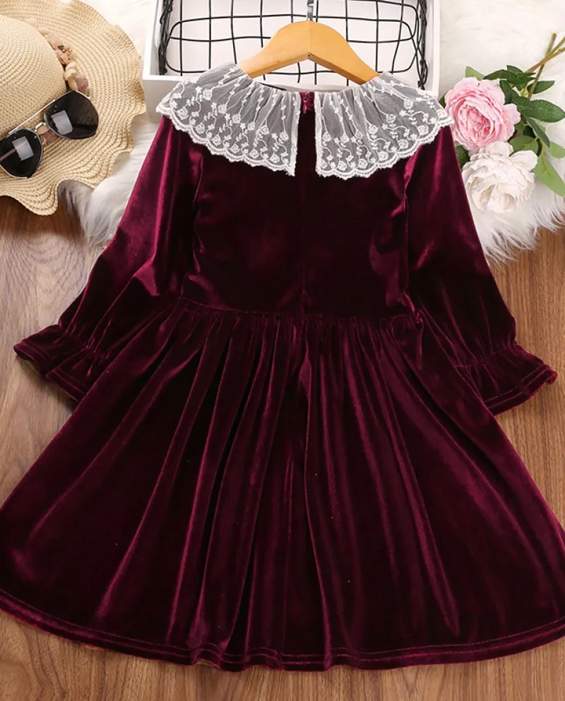 Abbigliamento per bambini Gonna in velluto dorato stile retrò con scollo rotondo in pizzo autunno e inverno da donna