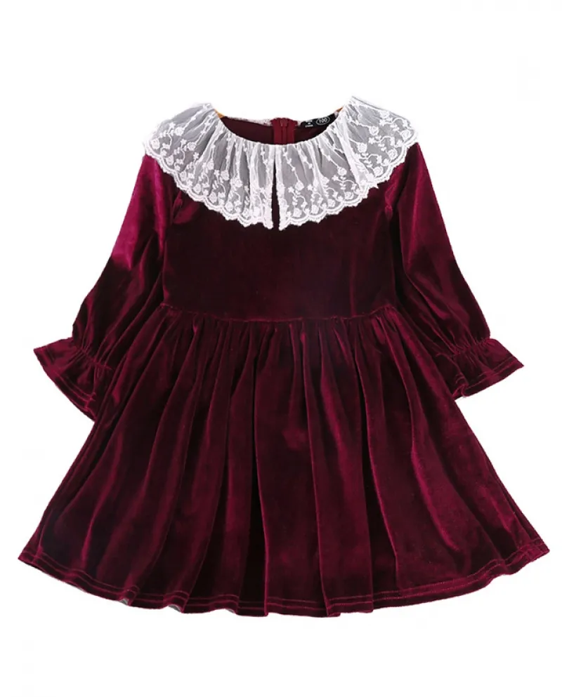 Abbigliamento per bambini Gonna in velluto dorato stile retrò con scollo rotondo in pizzo autunno e inverno da donna