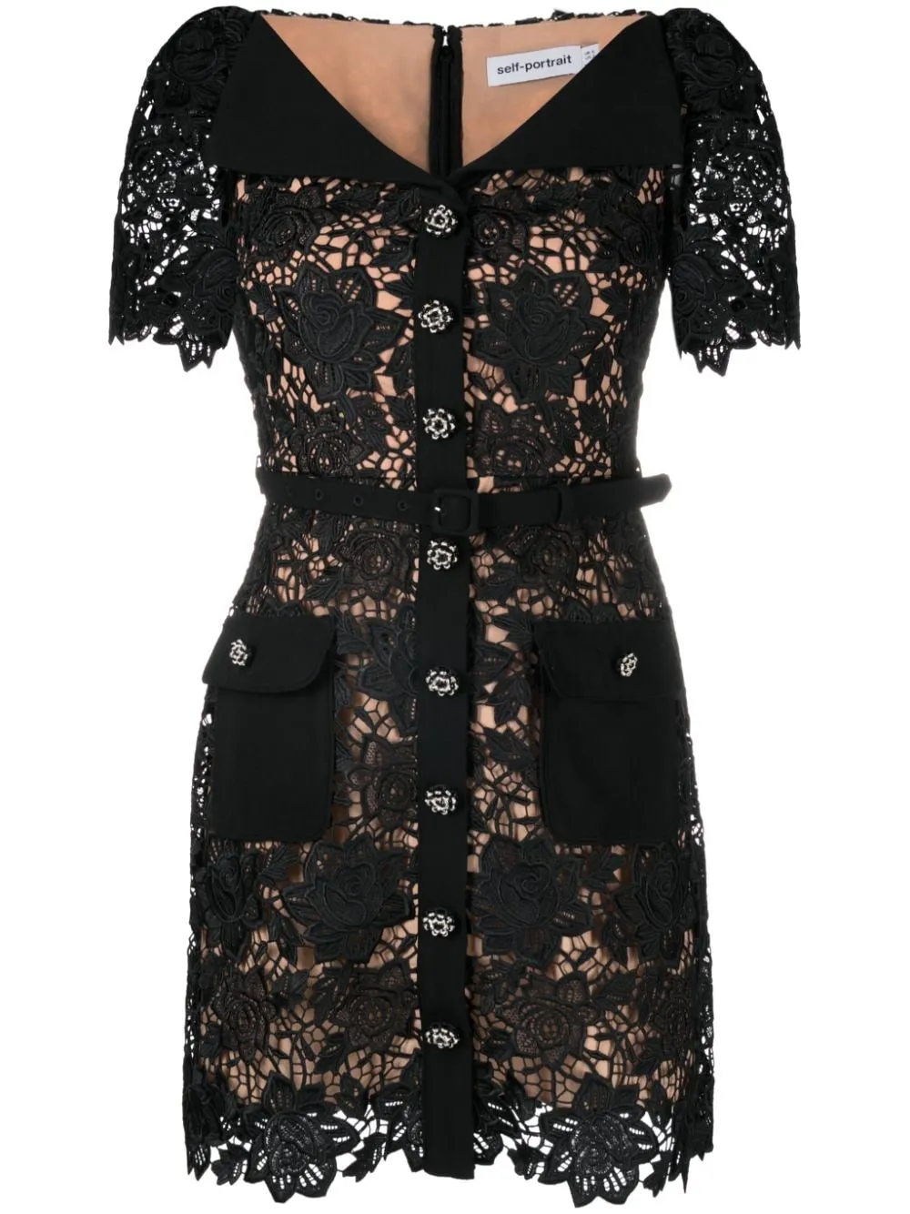 Abito corto con pizzo a fiori in nero - donna