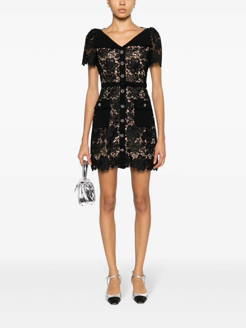 Abito corto con pizzo a fiori in nero - donna