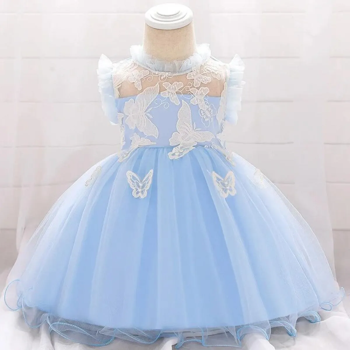 Abito da bambino in piedi con collo in piedi, gonna da principessa a farfalla, ragazza, fiocco in pizzo, gonna gonfia, festa di