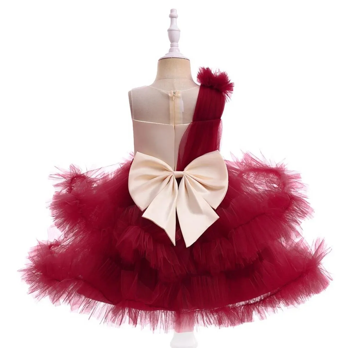 Abito da principessa rosso formale per ragazza Abito in pizzo gonfio per bambini Abbigliamento per bambini Compleanno Festa di n
