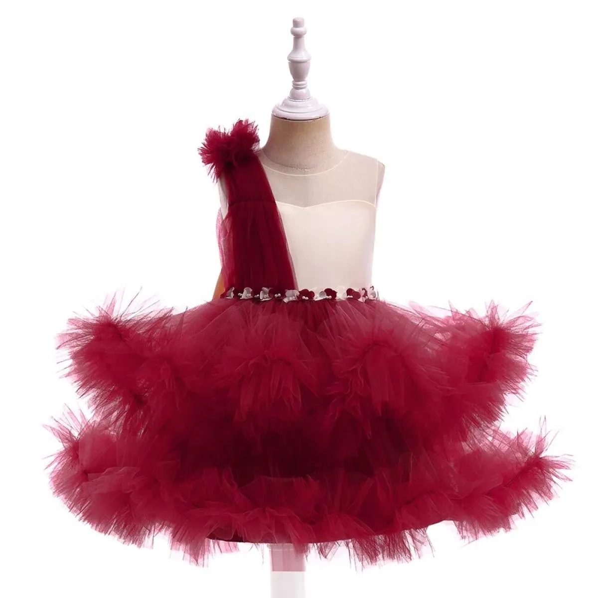 Abito da principessa rosso formale per ragazza Abito in pizzo gonfio per bambini Abbigliamento per bambini Compleanno Festa di n