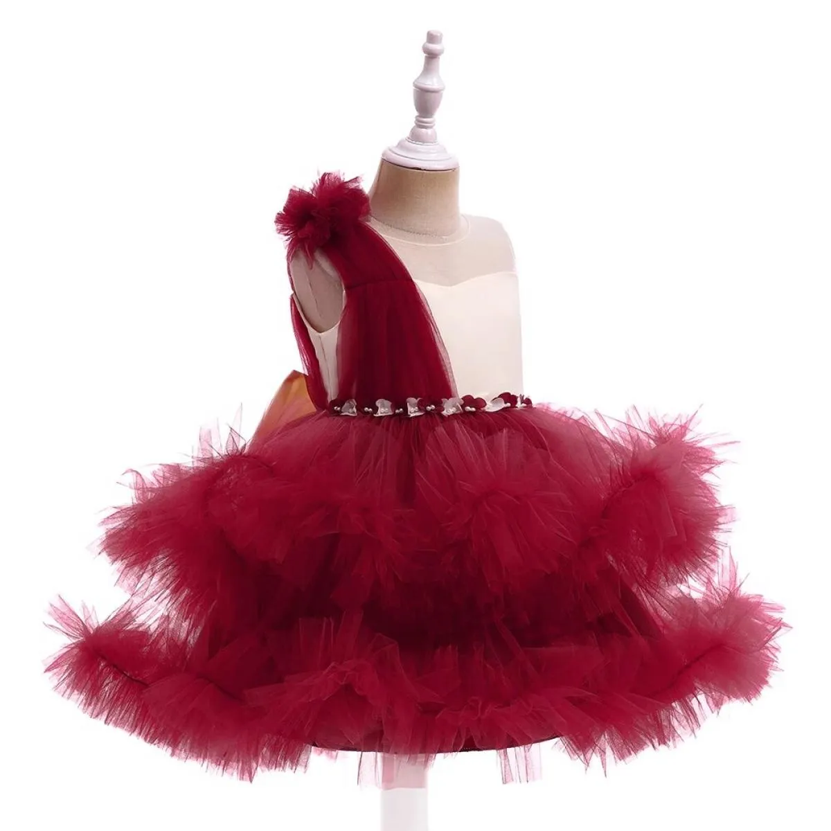 Abito da principessa rosso formale per ragazza Abito in pizzo gonfio per bambini Abbigliamento per bambini Compleanno Festa di n
