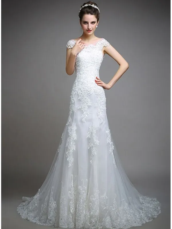 Abito da Sposa Online di Pizzo girocollo con gonna scivolata in pizzo