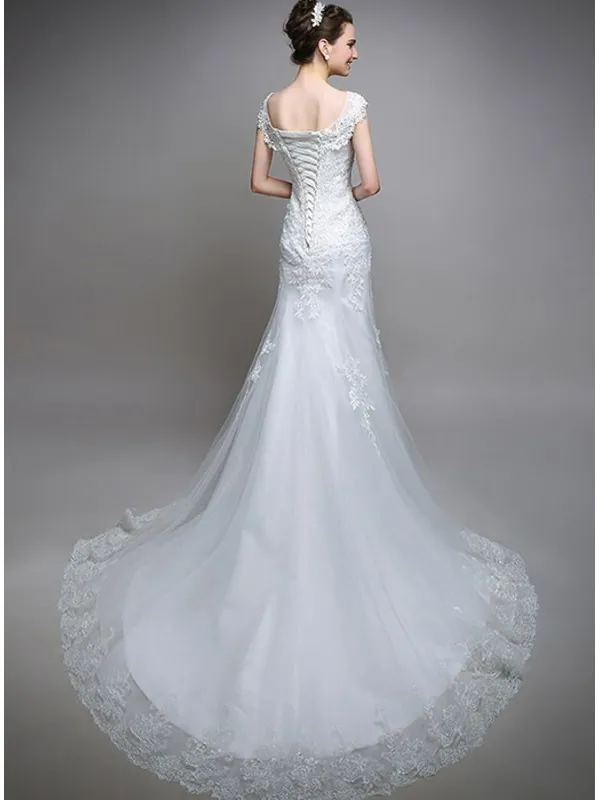 Abito da Sposa Online di Pizzo girocollo con gonna scivolata in pizzo