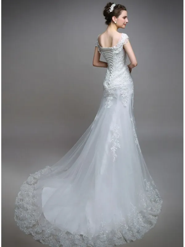 Abito da Sposa Online di Pizzo girocollo con gonna scivolata in pizzo