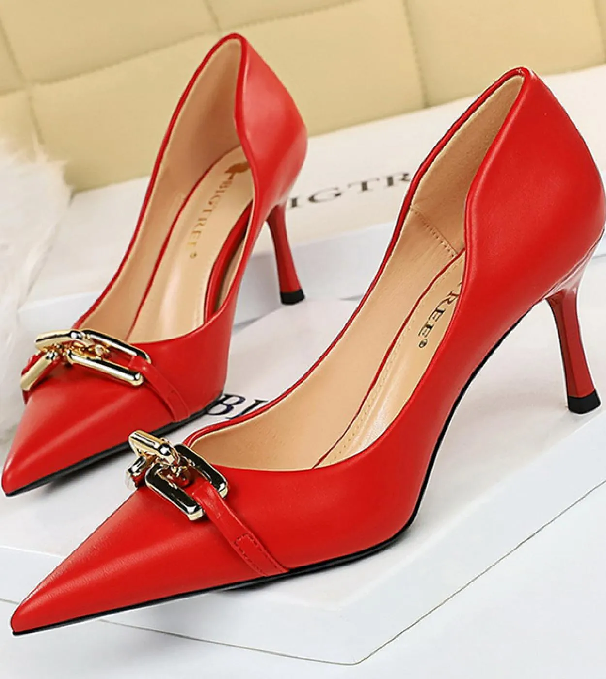 Bigtree Scarpe Eleganti Décolleté da donna Bottoni in metallo Tacchi a gattino Scarpe da donna Scarpe da banchetto a spillo Tacc