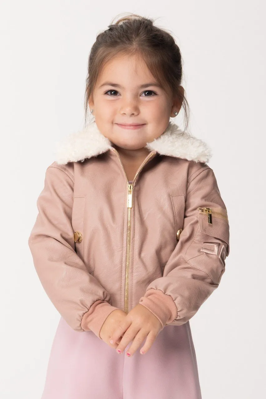 Bomber in ecopelle con colletto pelliccia ROSA NUDO