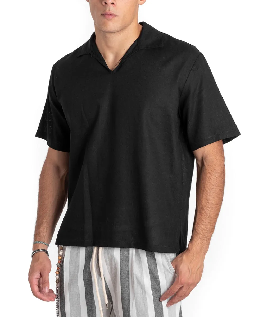 Camicia Uomo Casacca Manica Corta Scollo V Lino Polo Tinta Unita Nero GIOSAL-CC1161A