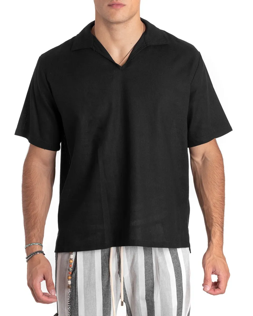 Camicia Uomo Casacca Manica Corta Scollo V Lino Polo Tinta Unita Nero GIOSAL-CC1161A