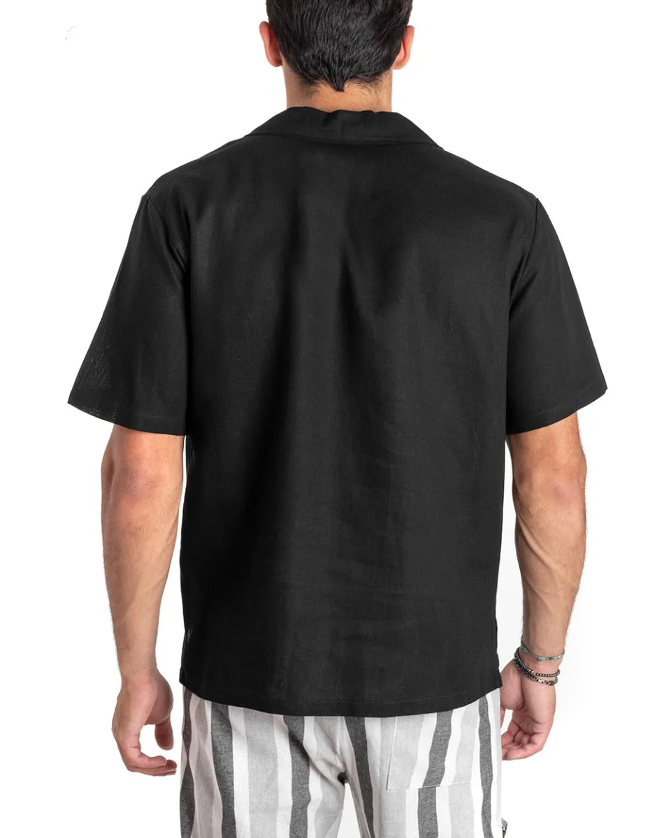 Camicia Uomo Casacca Manica Corta Scollo V Lino Polo Tinta Unita Nero GIOSAL-CC1161A