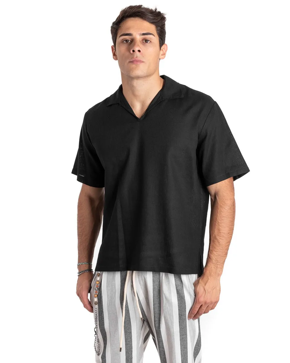 Camicia Uomo Casacca Manica Corta Scollo V Lino Polo Tinta Unita Nero GIOSAL-CC1161A