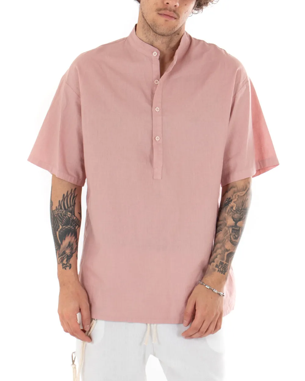 Camicia Uomo Manica Corta Tinta Unita Rosa Collo Coreano Casual GIOSAL-CC1127A
