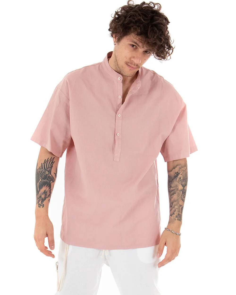 Camicia Uomo Manica Corta Tinta Unita Rosa Collo Coreano Casual GIOSAL-CC1127A