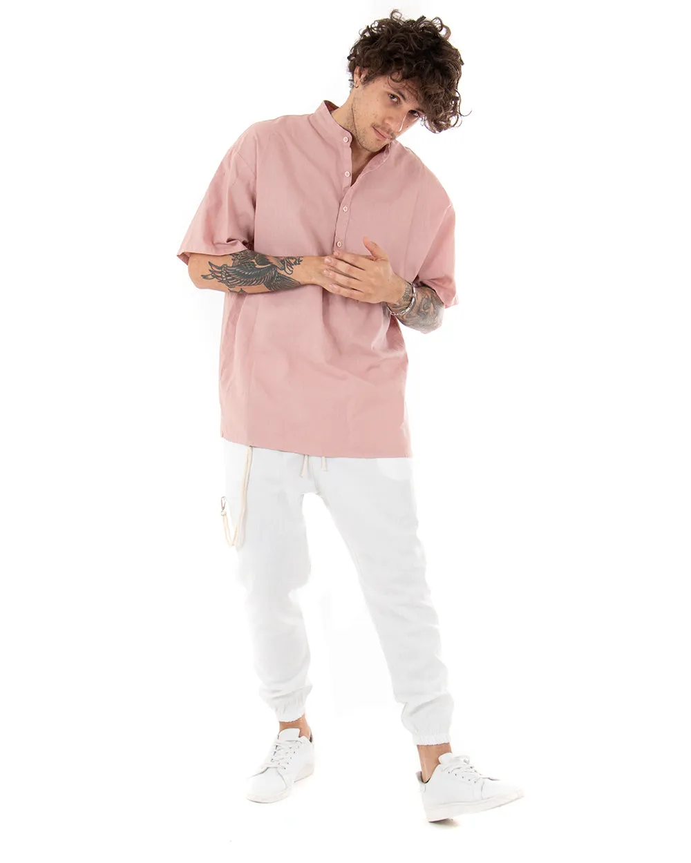 Camicia Uomo Manica Corta Tinta Unita Rosa Collo Coreano Casual GIOSAL-CC1127A