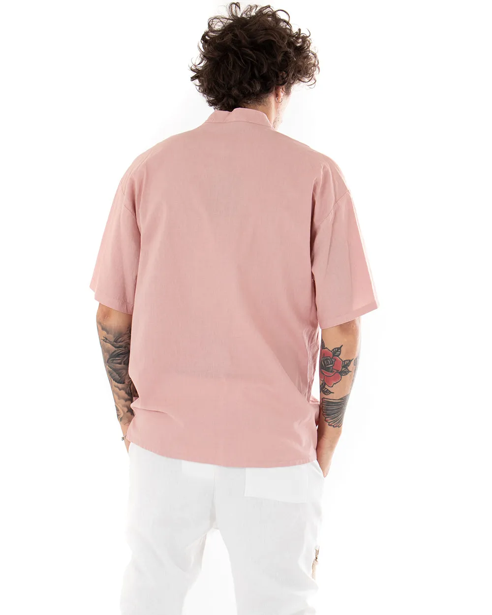 Camicia Uomo Manica Corta Tinta Unita Rosa Collo Coreano Casual GIOSAL-CC1127A