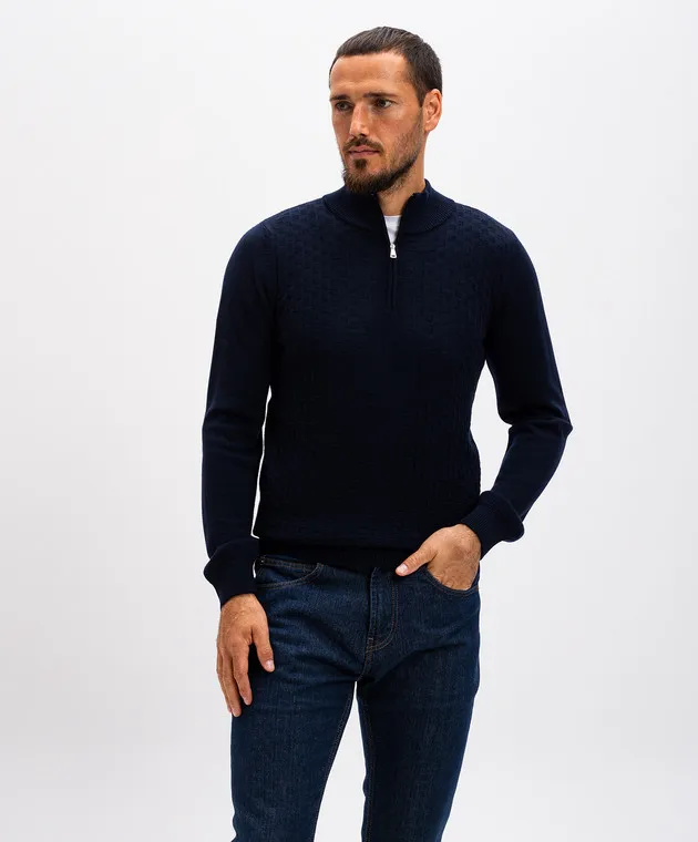 Cashmere&Whiskey Maglia in lana merino fantasia blu CH077