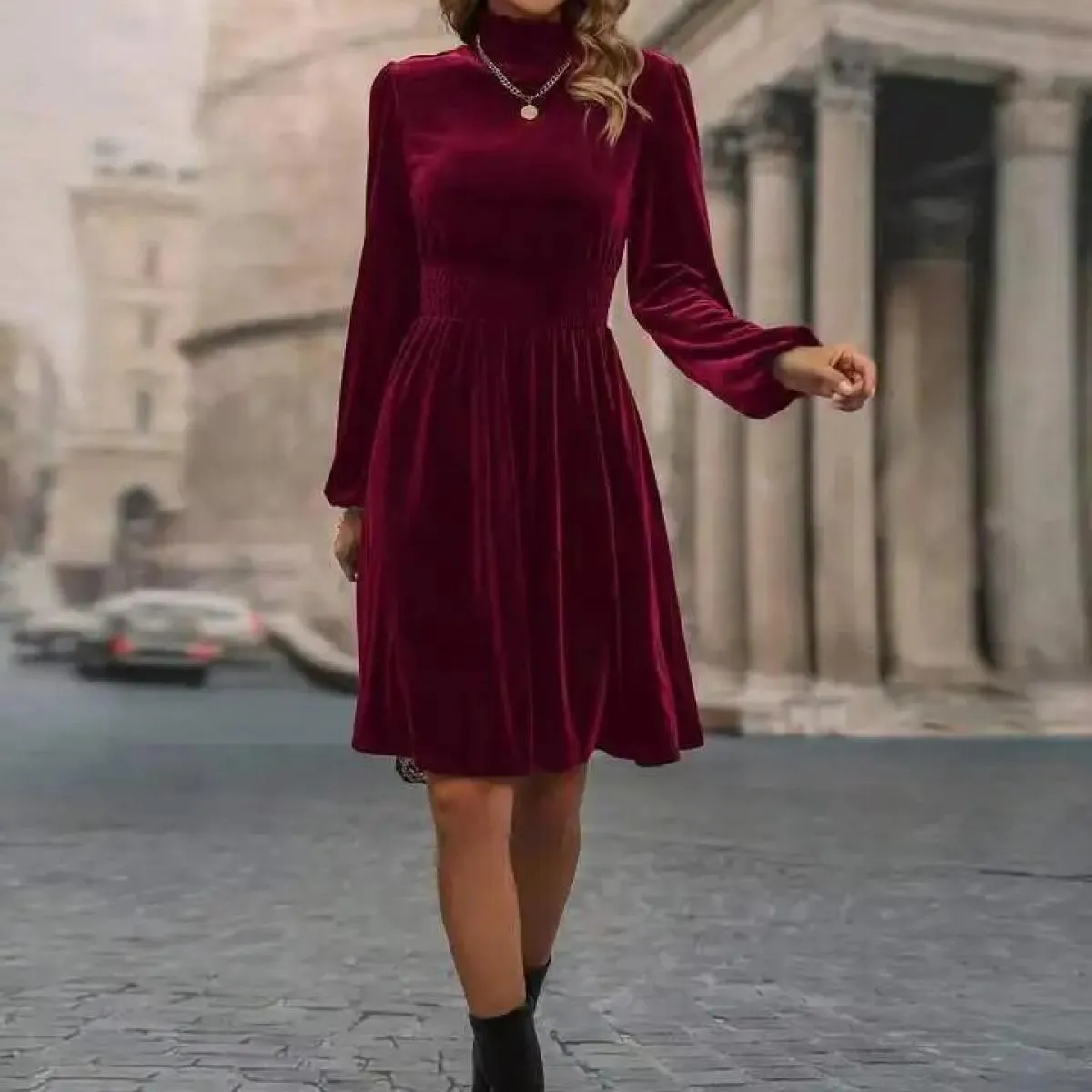 Elegante gonna corta in velluto per l'autunno e l'inverno da donna per il tempo libero, verde, abito con maniche a palloncino, m