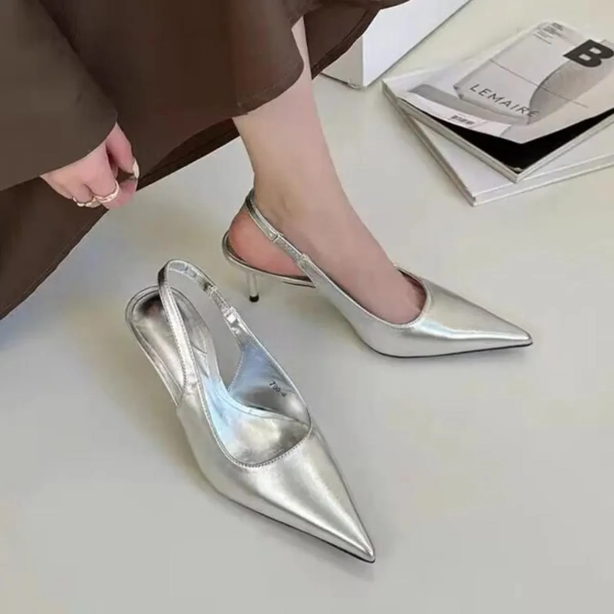 Eleganti tacchi alti Argento Décolleté Donna 2024ummer Slingback Punta a punta Scarpe da festa Donna Solid Sandali con tacco sot