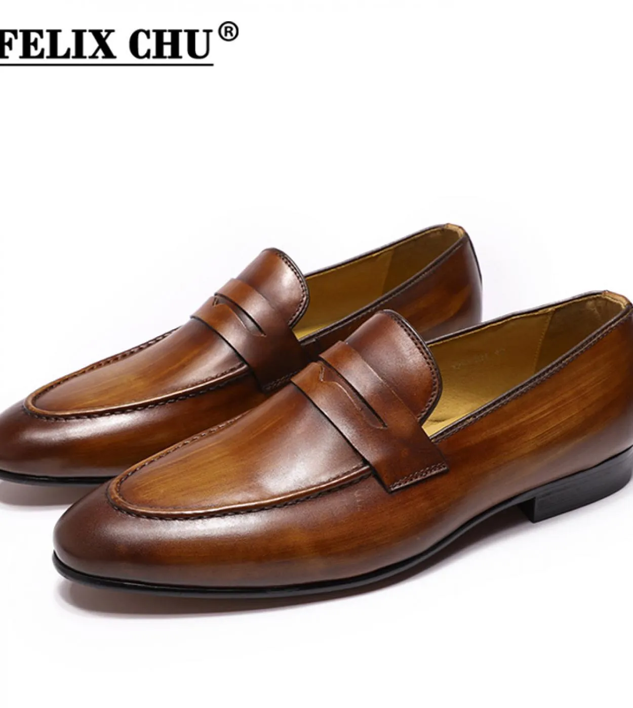 Felix Chu Mens Penny Loafers Scarpe in pelle Vera pelle Eleganti scarpe da cerimonia per feste di nozze Scarpe marroni nere Fo