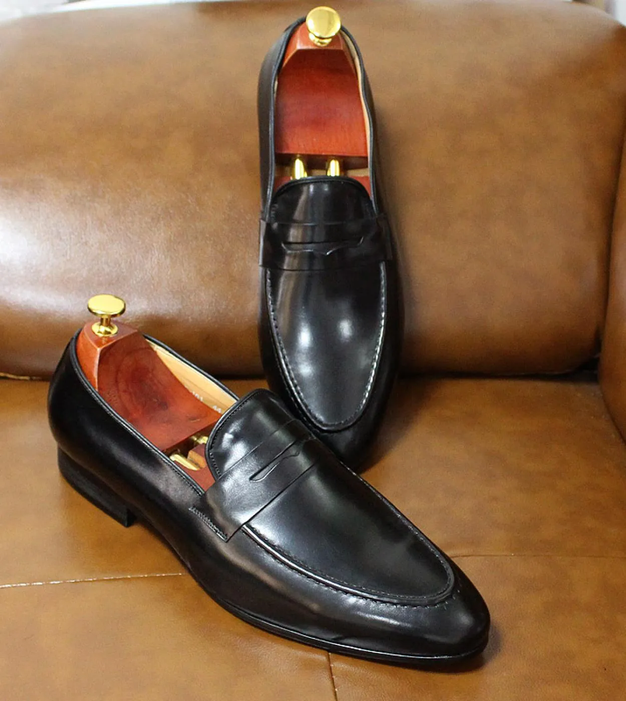 Felix Chu Mens Penny Loafers Scarpe in pelle Vera pelle Eleganti scarpe da cerimonia per feste di nozze Scarpe marroni nere Fo