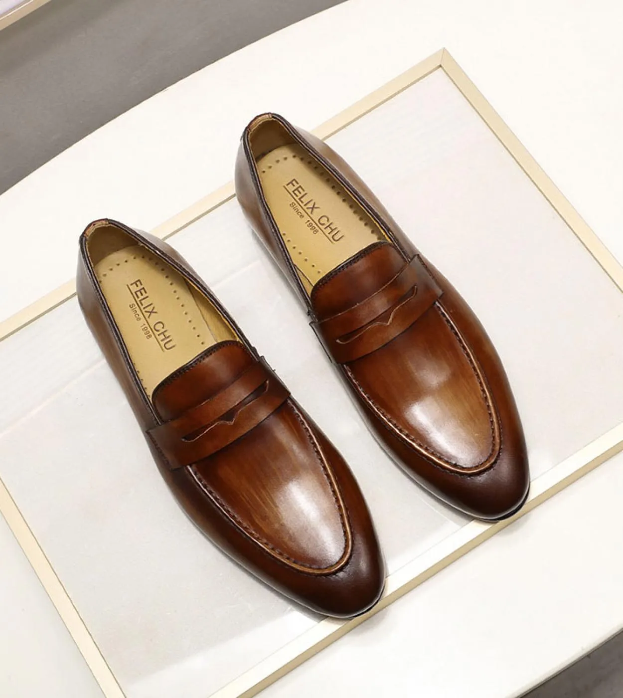 Felix Chu Mens Penny Loafers Scarpe in pelle Vera pelle Eleganti scarpe da cerimonia per feste di nozze Scarpe marroni nere Fo