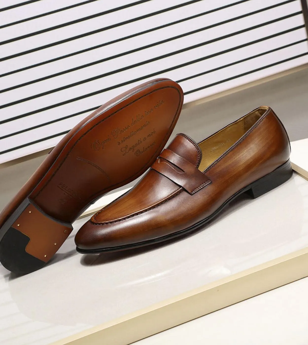 Felix Chu Mens Penny Loafers Scarpe in pelle Vera pelle Eleganti scarpe da cerimonia per feste di nozze Scarpe marroni nere Fo
