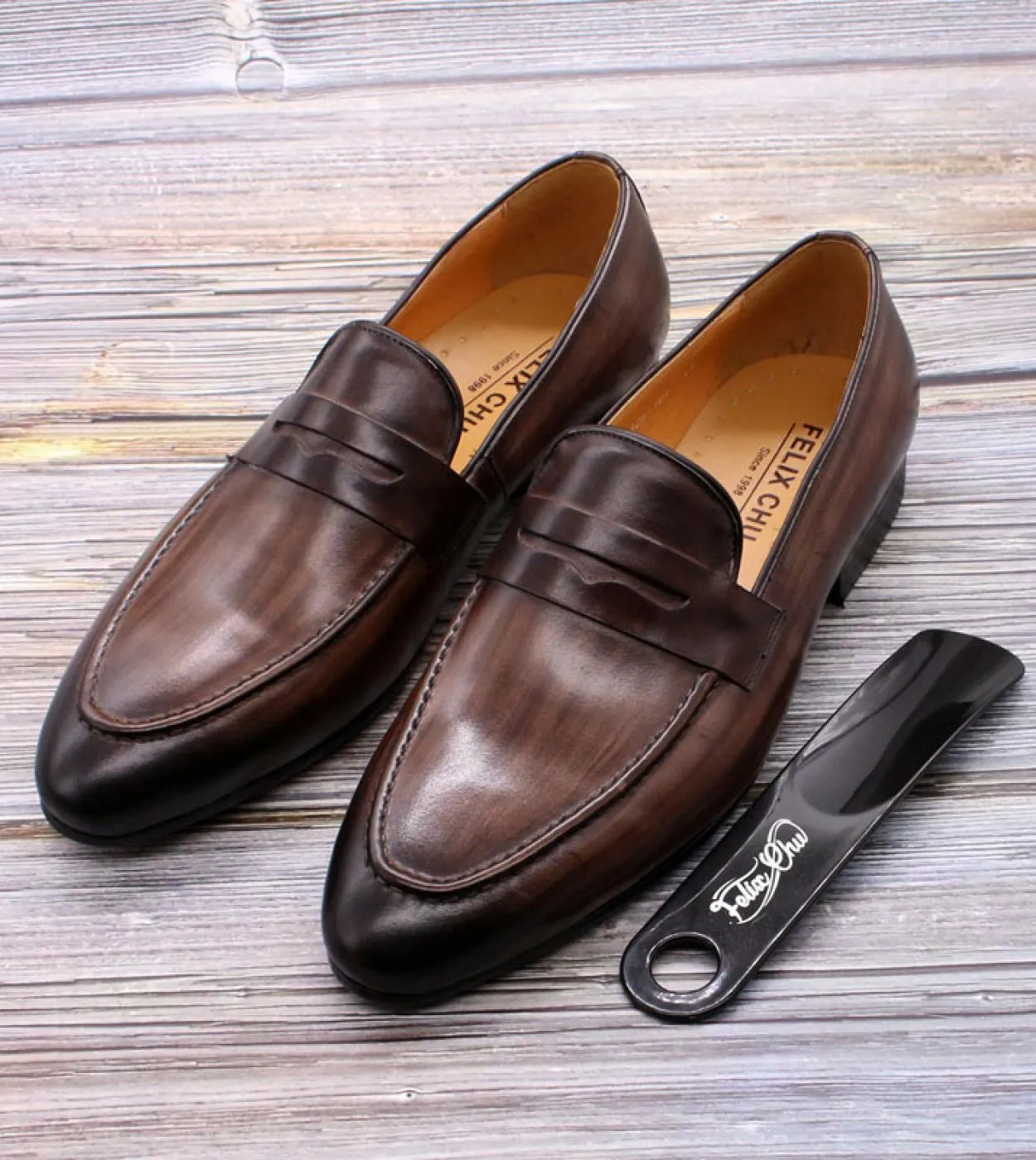 Felix Chu Mens Penny Loafers Scarpe in pelle Vera pelle Eleganti scarpe da cerimonia per feste di nozze Scarpe marroni nere Fo