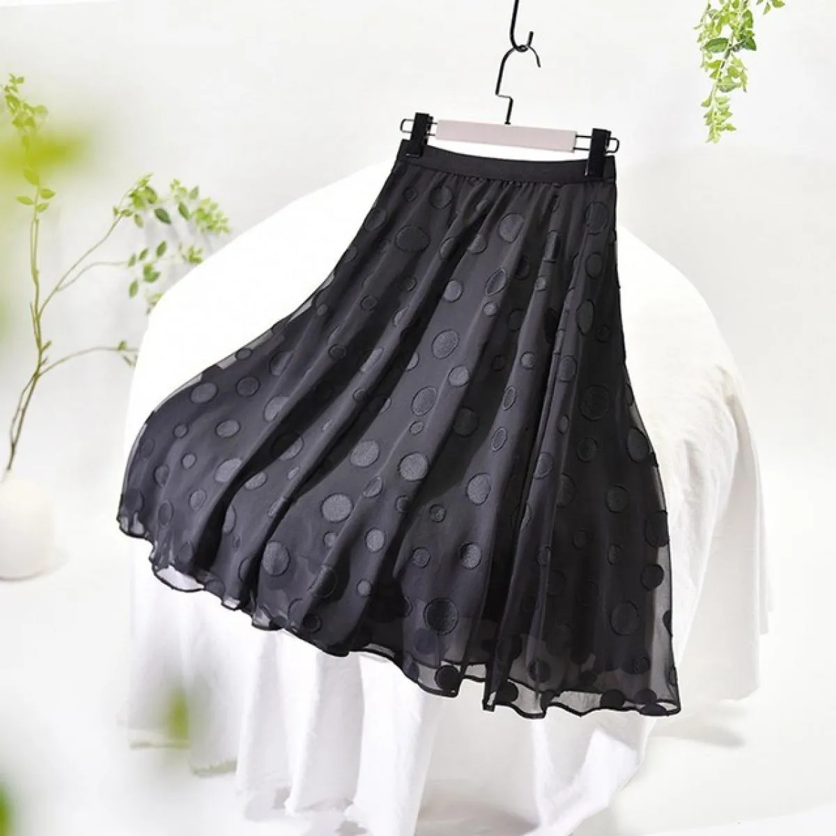 Gonna floreale elegante a pois stereoscopica da donna Cerniera invisibile Elastica a vita alta a pieghe Gonne in rete nera 2022