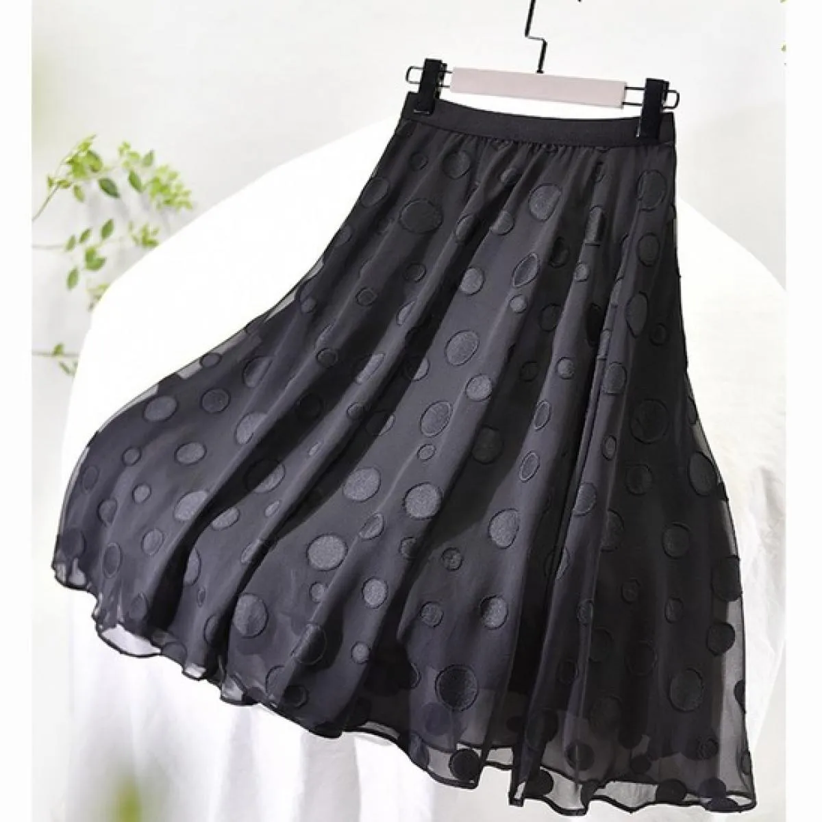 Gonna floreale elegante a pois stereoscopica da donna Cerniera invisibile Elastica a vita alta a pieghe Gonne in rete nera 2022