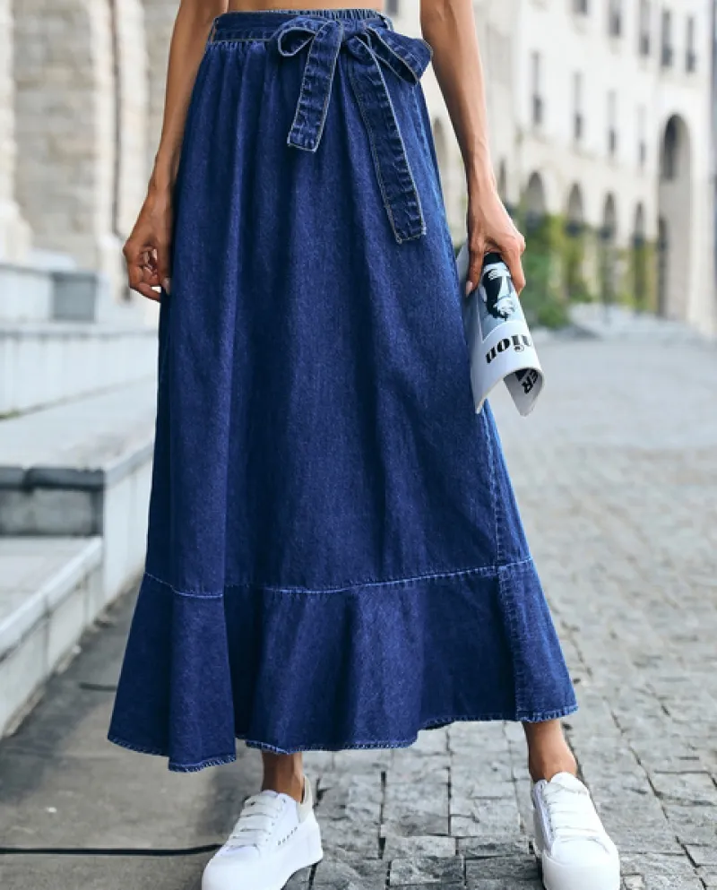 Gonna in denim con cintura con orlo a volant Liti Gonna in jeans blu retrò casual estiva