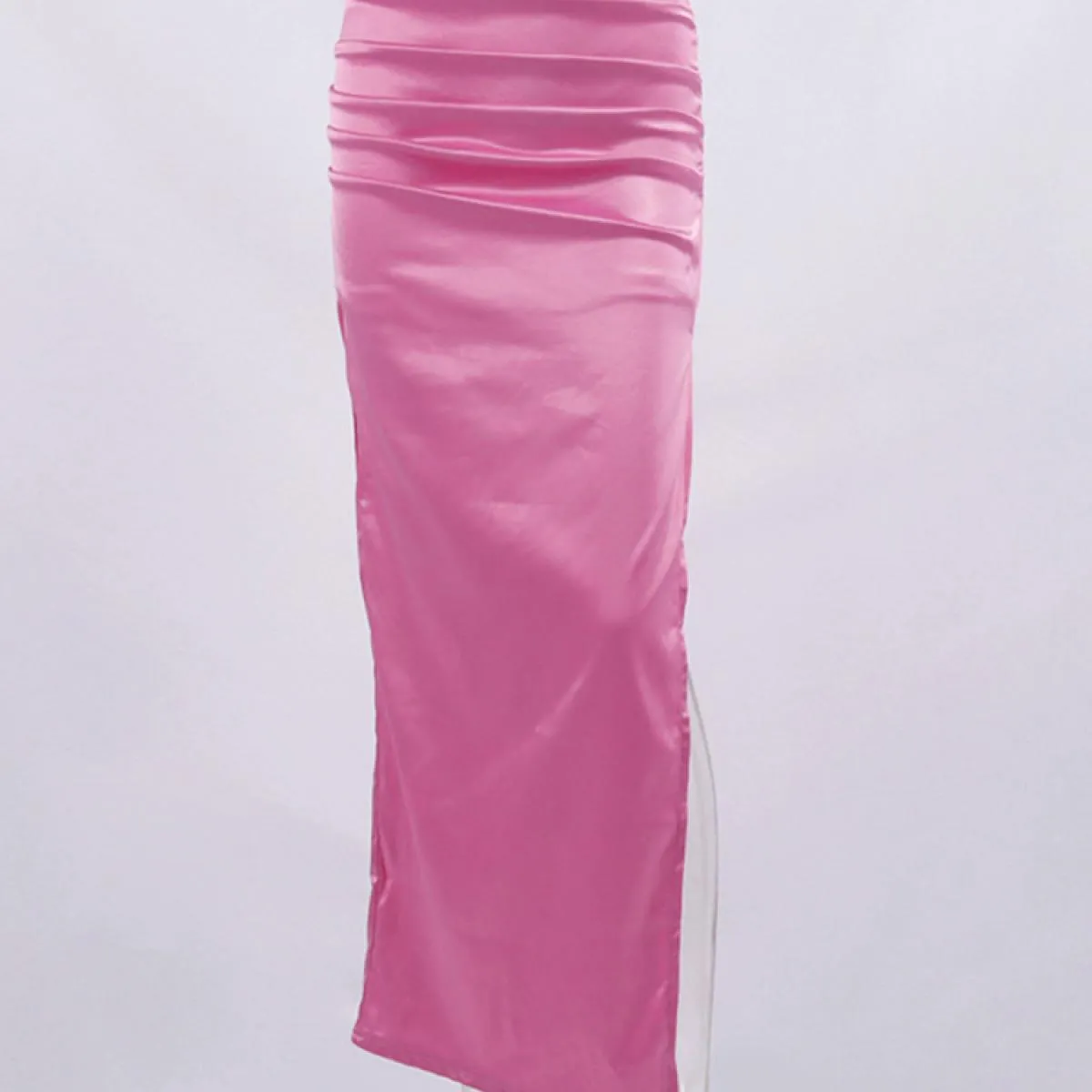 Gonna lunga a pieghe a vita alta  da donna con cerniera a fessura laterale Gonne a tubino in raso rosa solido per le donne Mo