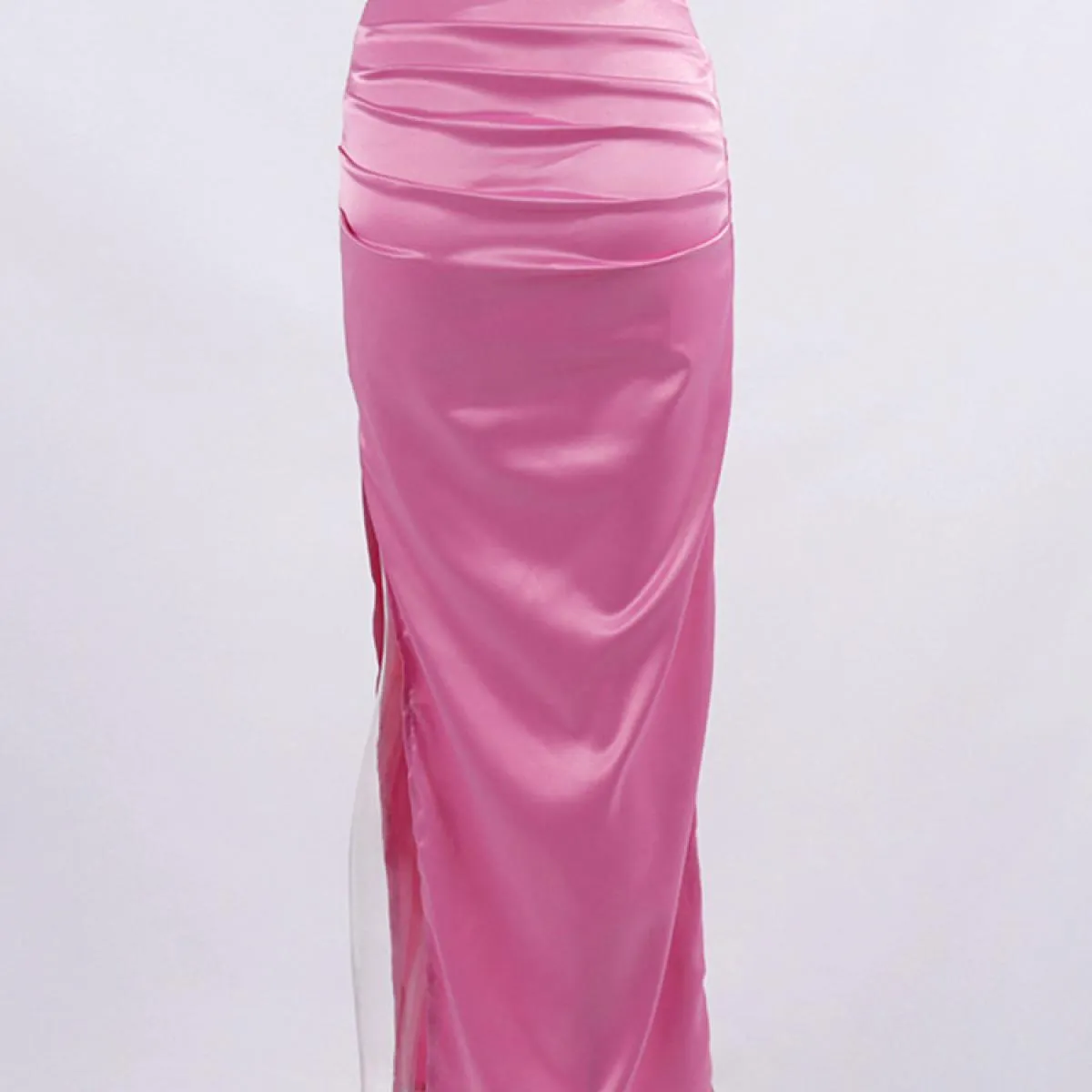 Gonna lunga a pieghe a vita alta  da donna con cerniera a fessura laterale Gonne a tubino in raso rosa solido per le donne Mo