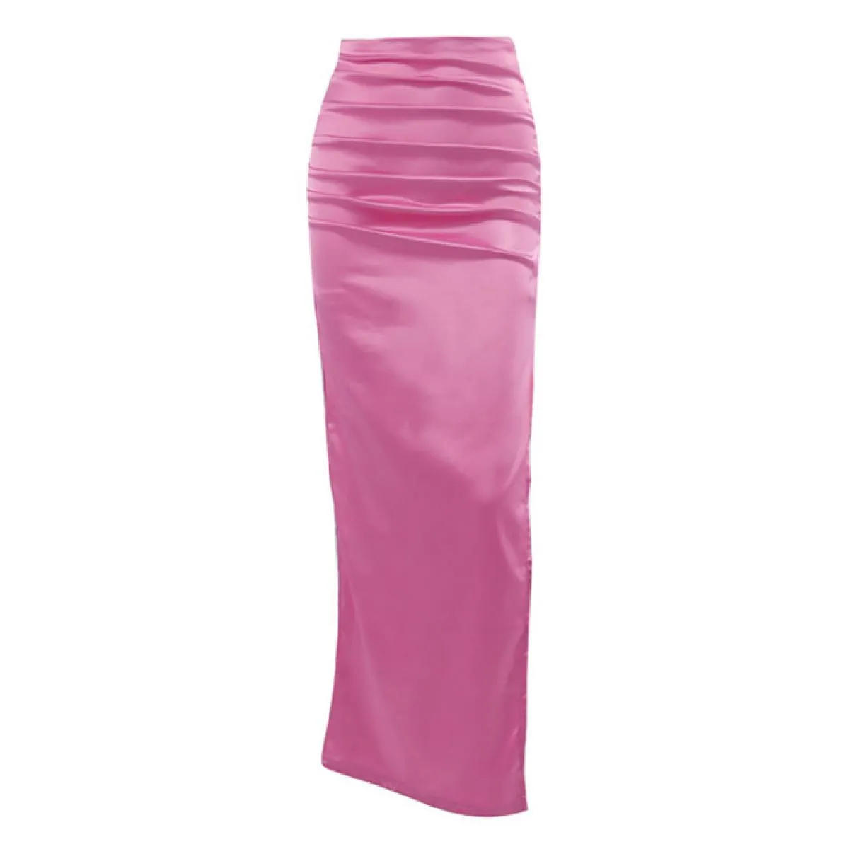 Gonna lunga a pieghe a vita alta  da donna con cerniera a fessura laterale Gonne a tubino in raso rosa solido per le donne Mo