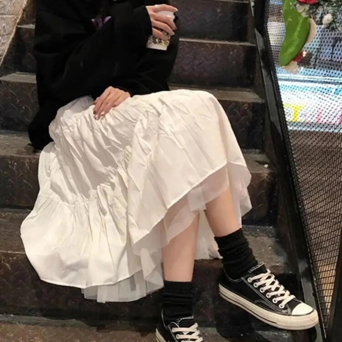 Gonne lunghe in tulle midi Donna 2023 Autunno Elastico a vita alta Tutu in rete Gonne a pieghe Donna Gonna lunga bianca nera Str