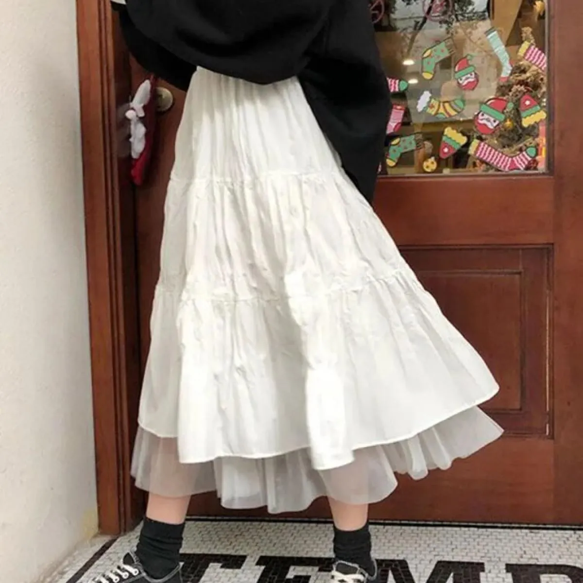 Gonne lunghe in tulle midi Donna 2023 Autunno Elastico a vita alta Tutu in rete Gonne a pieghe Donna Gonna lunga bianca nera Str