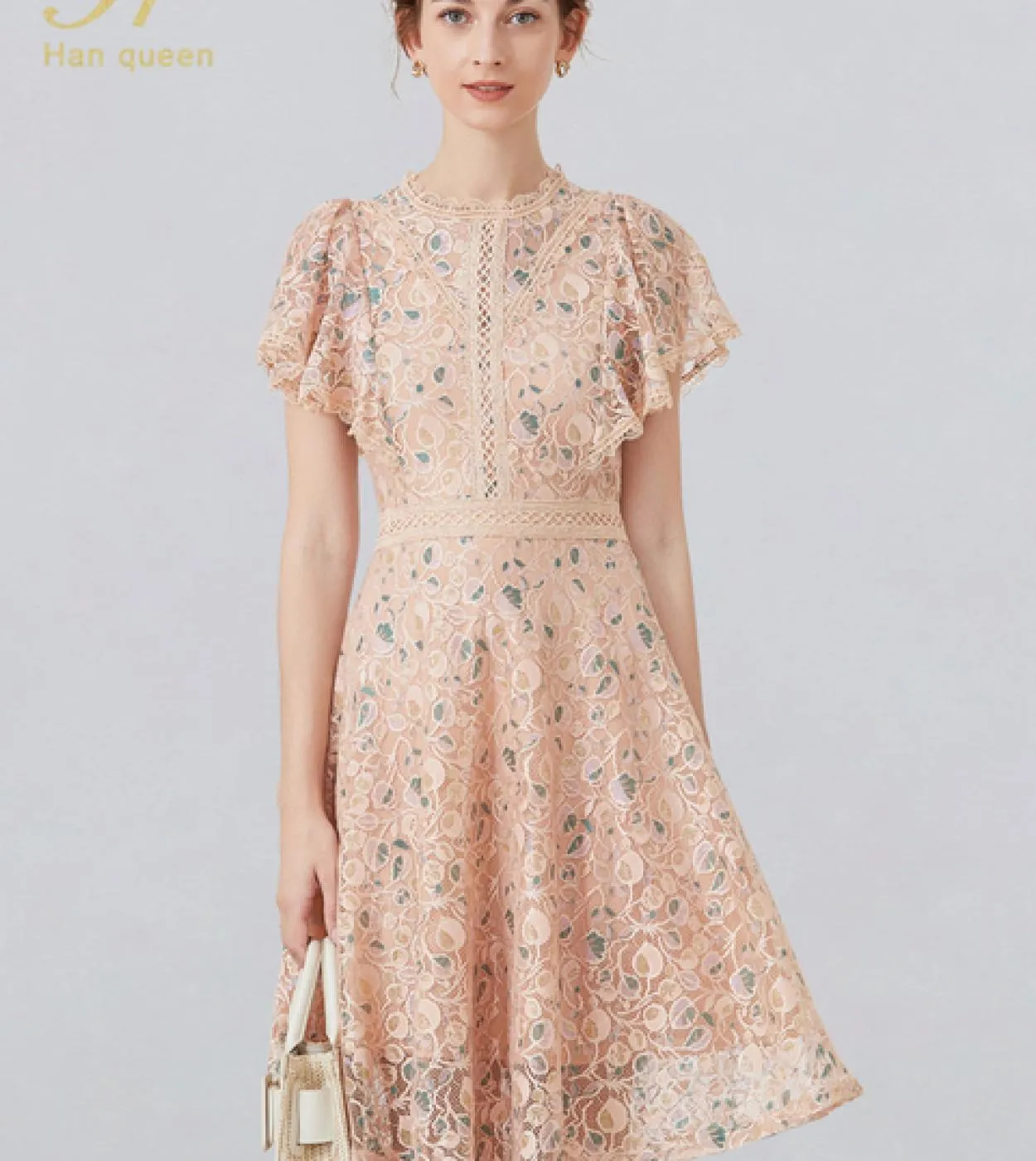 H Han Queen Donna Elegante abito in pizzo femminile Scava fuori Patchwork Abito longuette sottile Manica volante Abiti casual un