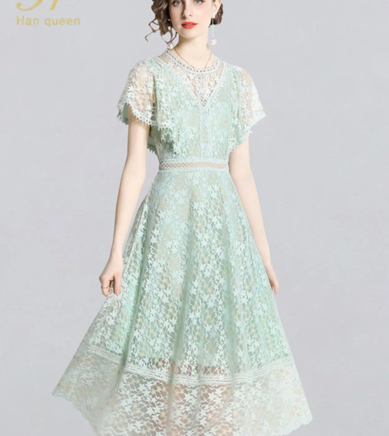 H Han Queen New 2022 Manicotto a sbuffo Elegante abito in pizzo scava fuori Office Lady Summer Solid O Neck Midi Donna Chic Part