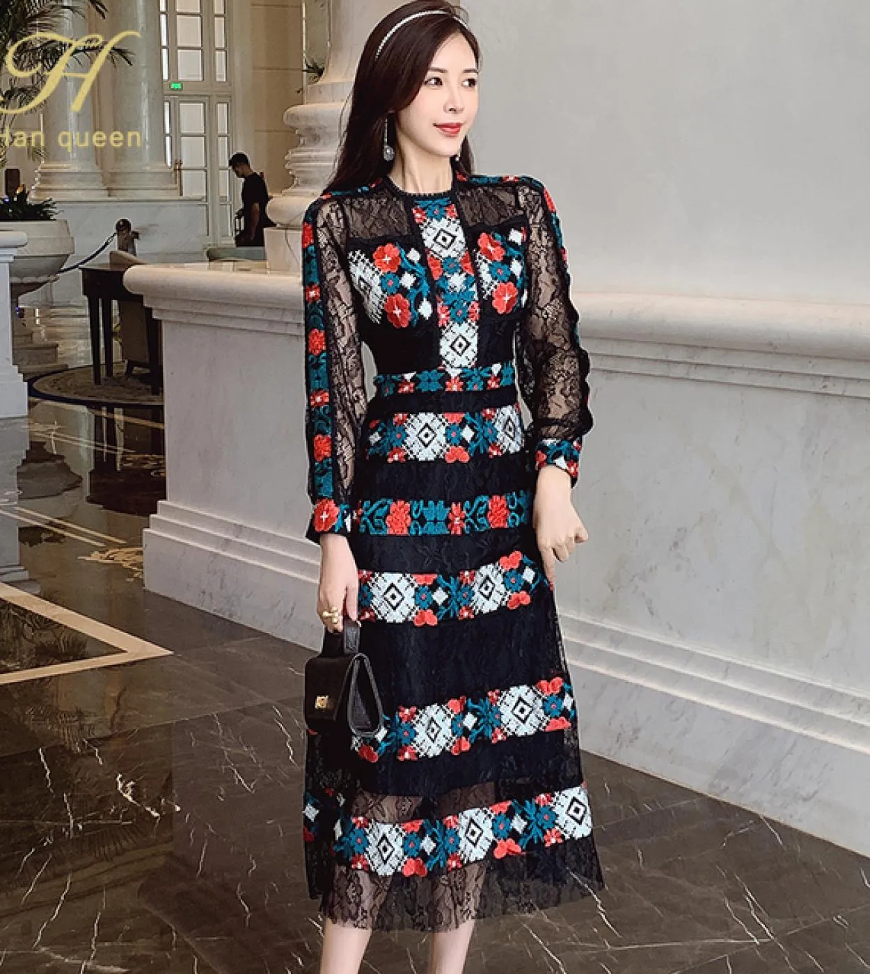 H Han Queen New Autumnwinter Embroidery Elegante abito in pizzo Womens Simple Slim A Line Abiti Casual Party Office Wear V