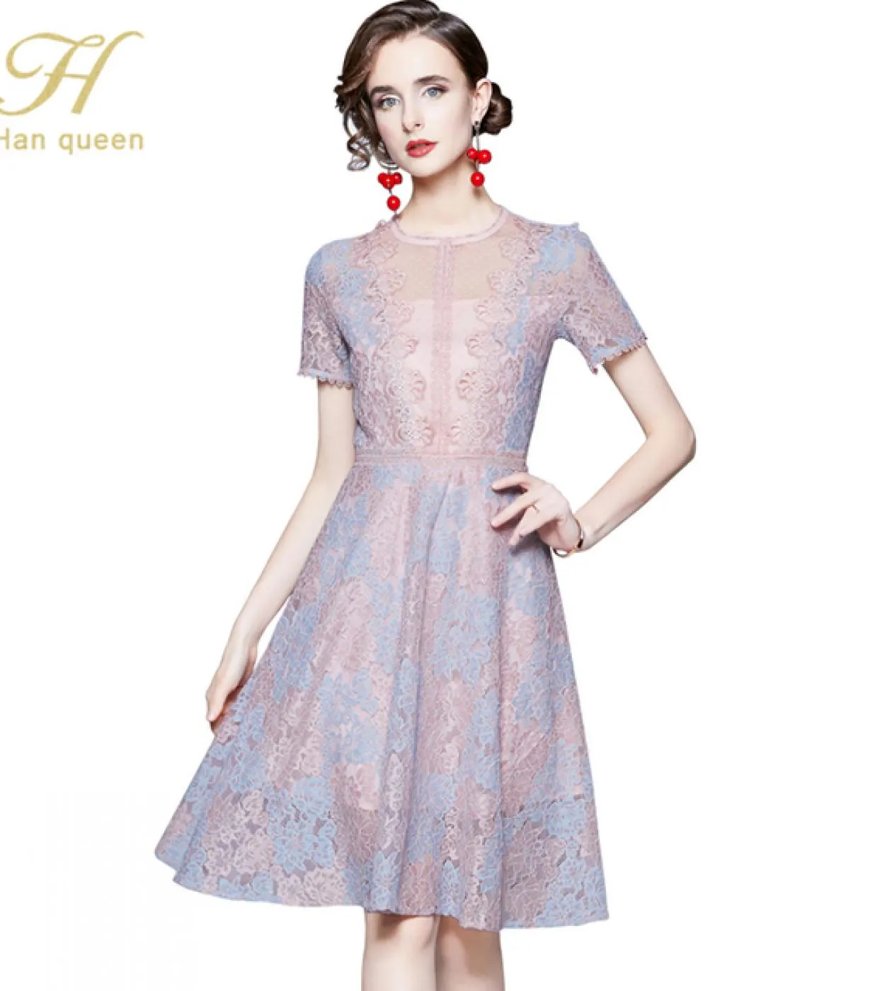 H Han Queen Nuovo colore abbinato A Line Abito in pizzo Donna Estate Manica corta Swing Abiti Occasioni speciali Festa serale