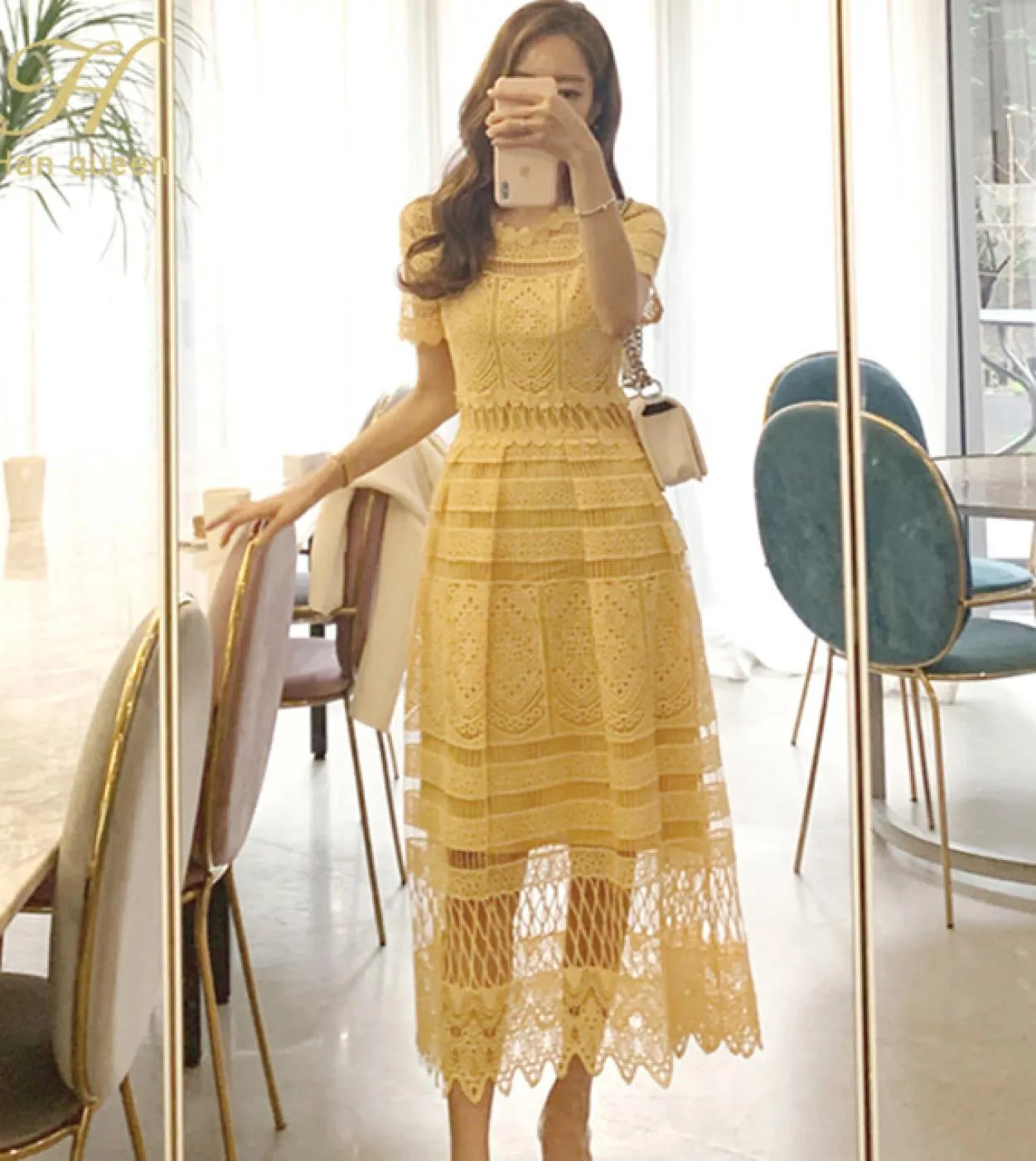 H Han Queen vendita calda giallo scava fuori gancio fiore abito in pizzo solido estate manica corta donna elegante abito lungo
