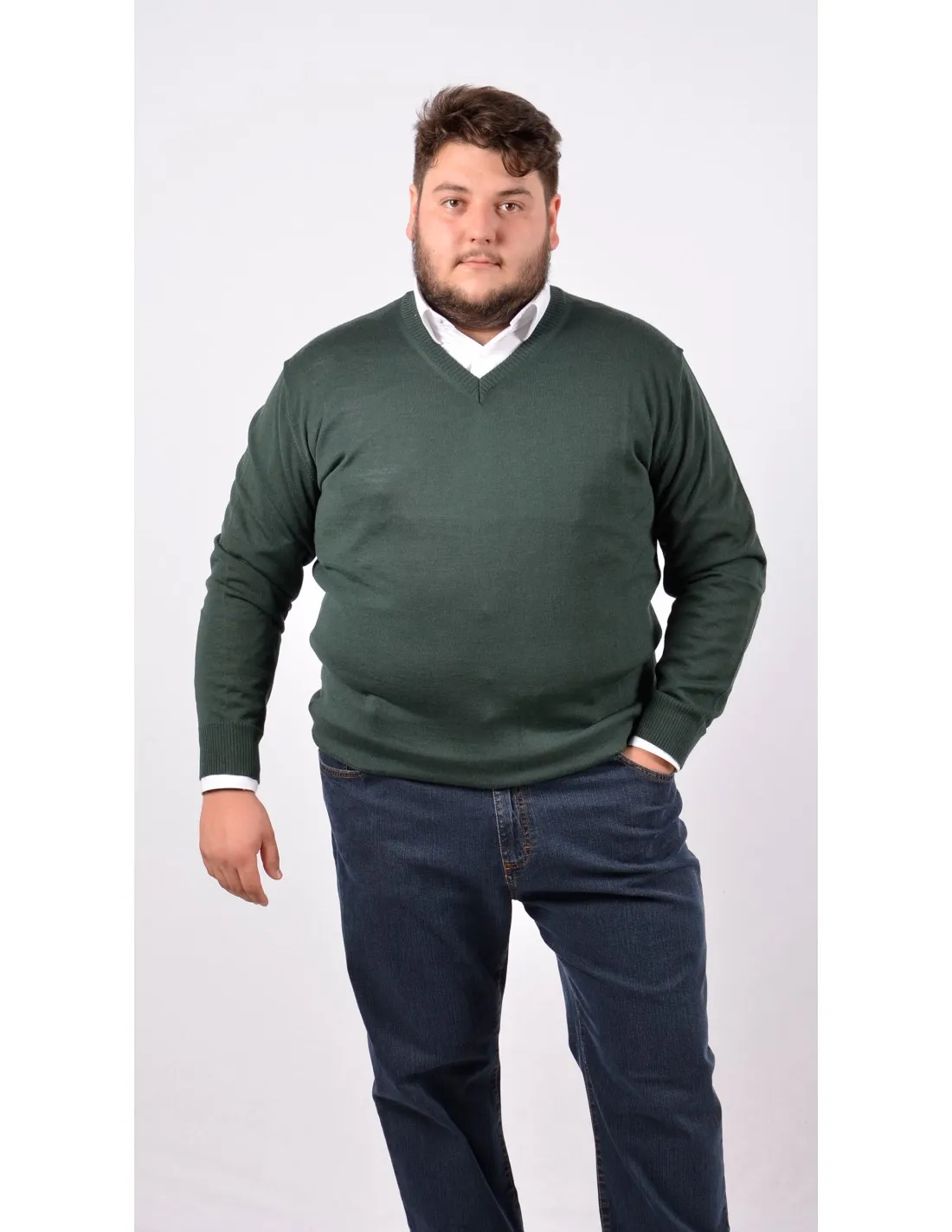 Maglia collo v ml lana merino verde taglie forti